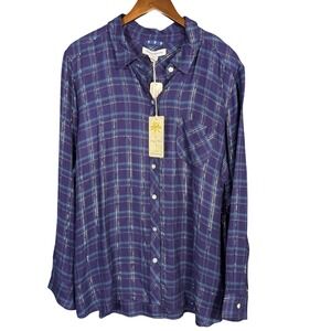 NWT Tommy Bahama Long Sleeve Flannel Top XL Blue Metallic Plaid Holiday Party